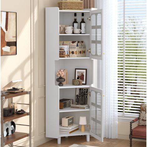 Meuble d’angle blanc avec LED et finition laquée, armoire MDF 63,5 x 157,5 cm (1/5)