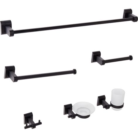Conjunto de 6 accesorios de baño estilo moderno de aluminio vaso y jabonera de vidrio incluidos negro Talara