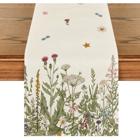 BelleRise - Chemin de table printanier à motifs d'herbes aromatiques et de fleurs sauvages, cuisine et les fêtes à la maison, 40 x 140 cm (1/5)