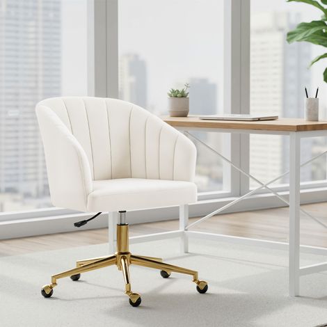 Silla de oficina con aspecto de terciopelo, relleno de espuma, altura regulable, ruedas, base de acero, color blanco crema.