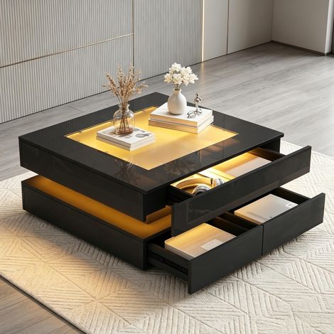 707035cm Couchtisch mit Glastischplatte, geometrischer Kaffeetish mit LED-Leuchten, 3 Schubladen, hochglänzende Wohnzimmertisch, Sofatisch,Beistelltisch,geeignet für kleine Räum,Schwarz (1/5)