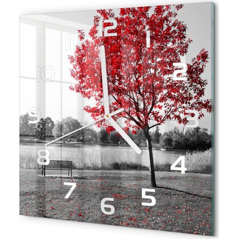 Horloge Murale Carrée Sans Cadre en Verre Trempé Silencieuse et Moderne Arbre rouge 30x30 cm (1/5)