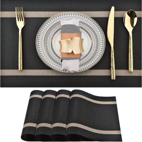 4er Set Platzsets, schwarz mit goldfarbenen Akzenten, 30 x 45 cm, 4 teilig