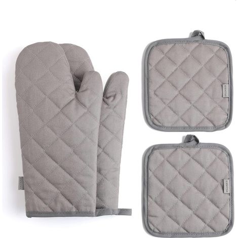 Juego de 4 manoplas y guantes de cocina de algodón extragrueso, resistentes a altas temperaturas (500 °C), para cocinar (30 cm, gris). (1/5)