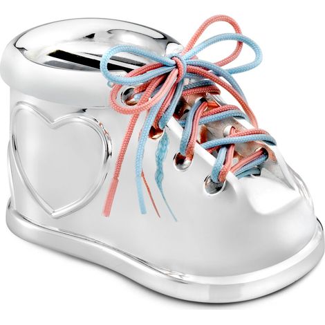 Silbernes Sparschwein für Kinder, elegant, als Geschenk, Schuh zur Taufe  Größe: 56 x 93 x 51 mm  Artikelnummer: ZV7275261