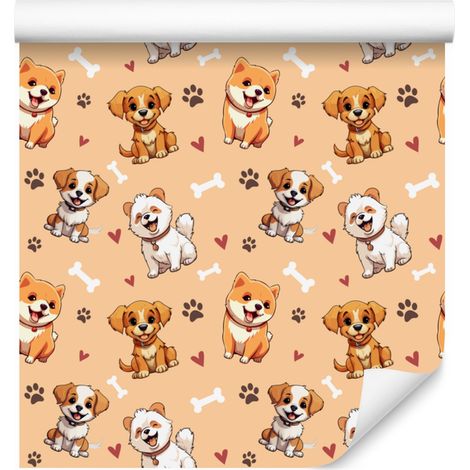 Papier peint à motifs de chiens, coloris crème, pêche et beige, pour salon et chambre, 50 x 1000 cm (1/5)