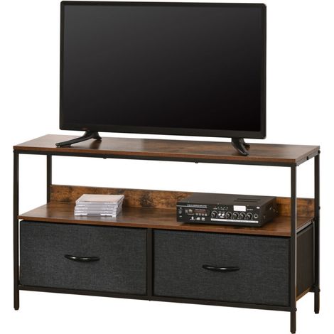Meuble TV Meuble TV Bas sur Pieds Style Industriel 2 tiroirs en Tissu Gris MDF Marron Rustique et métal Noir (1/5)