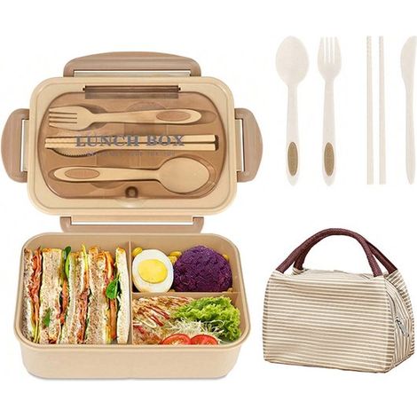 Lunchbox, Bento Lunchbox für Kinder und Erwachsene, 1400 ml mit 3 Fächern, auslaufsichere Lunchbox mit Besteck, mikrowellen und spülmaschinenfest (1/5)