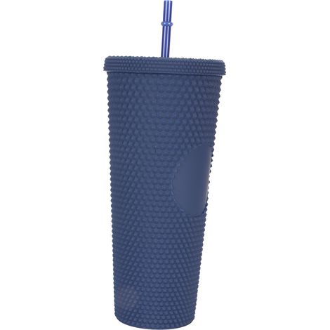 Mug à café avec couvercle et paille, bleu foncé mat, double paroi 710 ml, anti-éclaboussures, en plastique avec rivets, idéal comme cadeau de bureau (1/5)