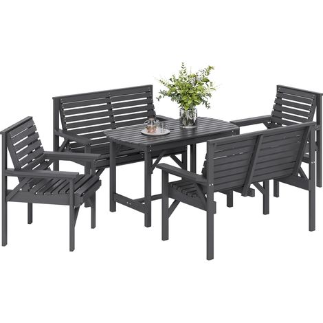 Outsunny 5 Piece Wooden Garden Dining Set for 6, Outdoor Conversation Set with 2 Armchairs, 2 Loveseats and Dining Table with Umbrella Hole for Patio, Balcony, Grey
