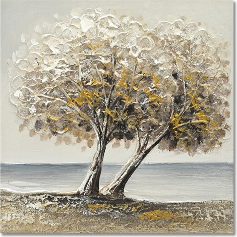 Quadro albero dipinto in beige e oro da parete 40 cm (1/4)