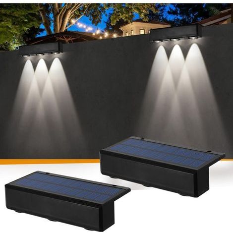 Lampes Solaires pour Clôture de Jardin, Lot de 2 Appliques Murales Solaires à 3 LED Lampes Solaires étanches pour Escaliers Marches Extérieur Jardin Cour Escaliers Patio Terrasse (Blanc Chaud (1/5)