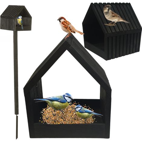 MODO24 Mangeoire oiseaux sur pied bois étanche avec toit, nichoir cabane jardin/balcon, toute saison, montée, 117x24x22 cm, noir (1/5)