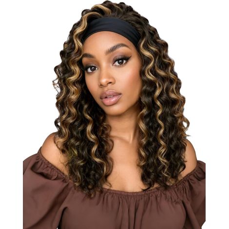 Perruque Bandeau Bouclé 16" Moyen Miel/Noir Bandeau Pour Synthétique Sans Colle, Perruque Avec Bandeau Intégré Deep Wave (Points Forts 16" 4/27) (1/5)