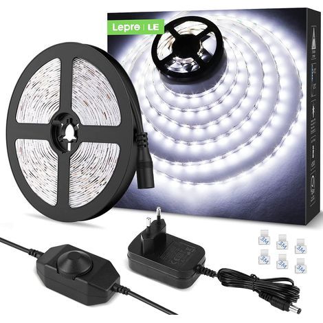 5M LED 1200LM Blanc Froid Dimmable, 12V 6000K 300LEDs 2835, Bande LED Autocollant avec Variateur, Connecteurs+Transformateur, Eclairage Intérieur pour Meuble, Escalier, Chambre, Cuisine (1/4)