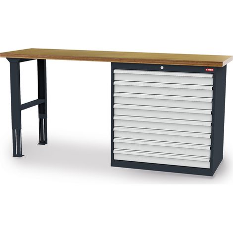 STIER Werkbank BxTxH 2000x600x1060 mm mit 1 Schrankgehäuse der Breite 900 mm RAL 7016 / RAL 7035