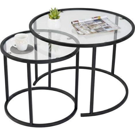 Dmora - Set mit 2 Couchtischen Xaden, Niedriger Wohnzimmertisch, Kaffeeregal, Couchtisch für Sofa, 60x60 h43 cm, Schwarz und Transparent