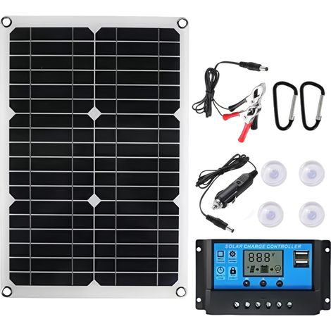 Panneau solaire monocristallin 20W + contrôleur - Sortie 12V/5V, IP65, 420280mm, charge voiture/bateau/moto, USB, efficacité 21.5% (1/5)