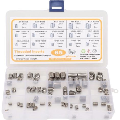 65-piece assortment kit of 303 stainless steel threaded inserts, repair sleeves, and reducing nuts (1/5)