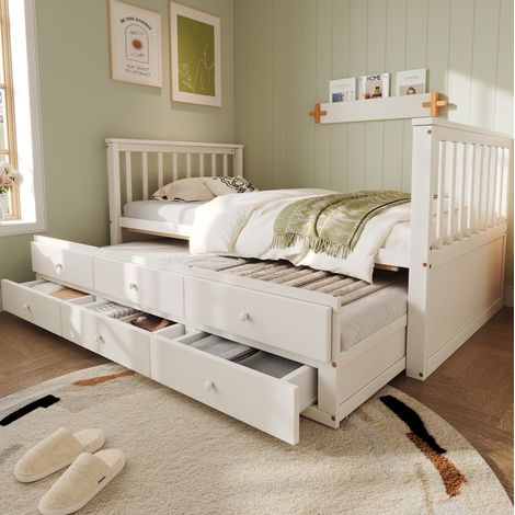 MEUBLIV Letto in legno 90x200 cm bianco con cassetti e letto estraibile, senza materasso (1/5)