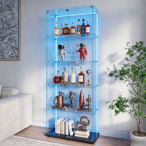 JOOKGBD–Glasvitrine Standvitrine mit LED,5 Glasböden,2 Türen mit Schloss,Vitrinenschrank für Sammlungen,Bücher,Modelle,Wohnzimmer,Büro,Schwarz