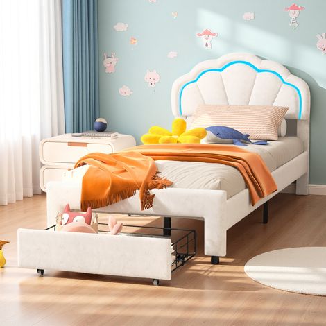 Einzelbett 90x200 cm – Kinderbett – mit LED-Beleuchtung – 1 Schublade – Kopfteil in Blütenform – Samt – Lattenrost – Prinzessinnenbett – Weiß