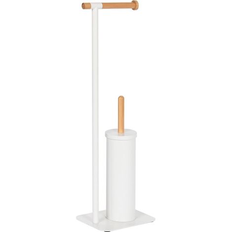Dérouleur papier toilette + brosse WC en métal blanc et bambo (1/5)