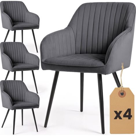 Lot de 4 Chaises en velours à surpiqûres FLORENCE Anthracite pieds noirs (1/5)