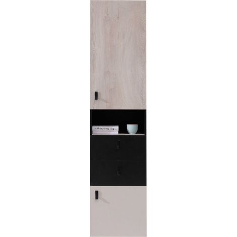 Étagère Camteso 102, Noir + Chêne + Beige, Avec des portes, Fermé, Avec tiroirs, Stratifié, Le nombre de portes: 2, Nombre de tiroirs: 2, 190x45x40cm