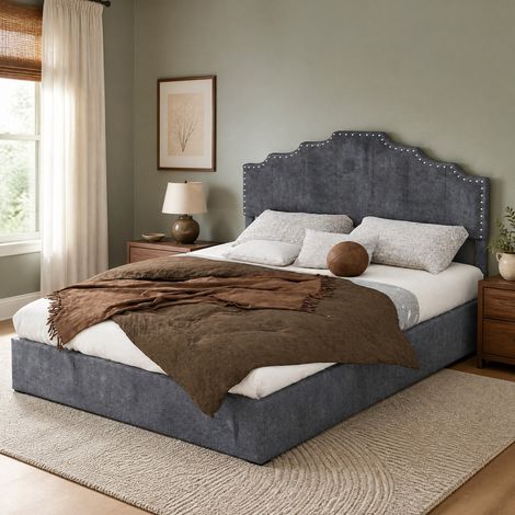 Lit 140x200 avec matelas tête de lit tissu gris HAVRYA (1/5)