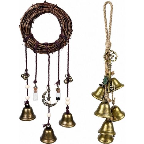 2er Set Hexenglocken Windspiel mit Pentagramm & Mond, Metall & Rattan