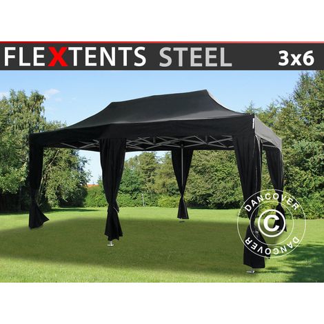 Pop up gazebo FleXtents Steel 3x6 m Black, incl. 6 decorative curtains (1/2)