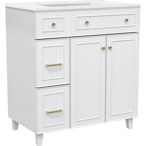 Waschtischunterschrank mit 1 Tur und Schubladen, Keramikwaschbecken, Lackierte Oberflache, Massivholzfusse, Badezimmer, MDF, Weiss (1/5)