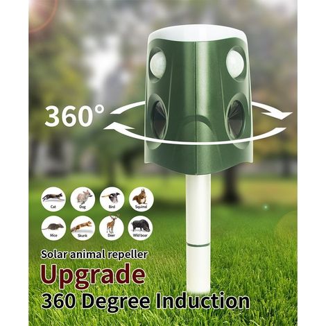 Répulsif pour animaux d'extérieur à énergie solaire à 360 degrés, répulsif à ultrasons enfichable pour rats