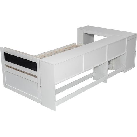 Lit extensible 90x200 avec bureau intégré, prise EU et 2 tiroirs de rangement, couchage jusqu'à 180x200, tête rembourrée blanc mat pour petite chambre CHICFURN (1/5)