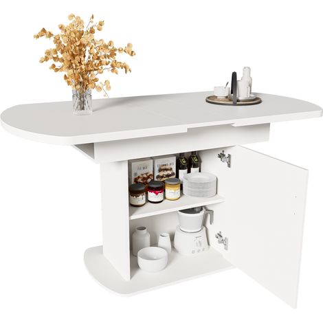 Table à manger extensible ovale avec rangement, 110/130 x 70 x 75 cm, plateau blanc et poignée argentée, meuble gain de place pour salle à manger moderne CHICFURN (1/5)