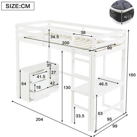 Lit mezzanine enfant - 90x200 cm - Bureau intégré - Armoire à tiroirs - Étagère de rangement - Échelle à quatre niveaux