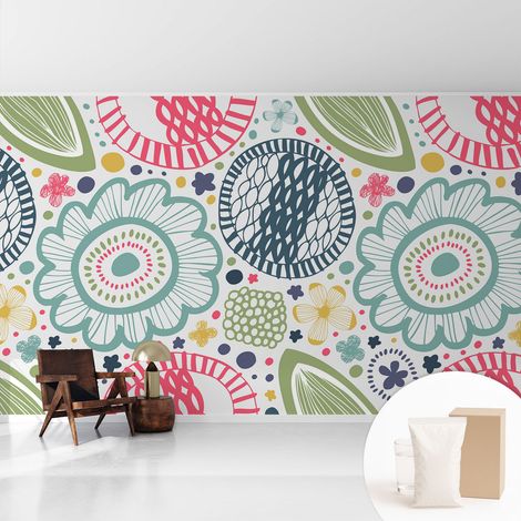 Papier peint intissé mural avec imprimé motifs décoratifs - style contemporain - Colle incluse gratuite Motifs floraux 416x254 cm (1/5)