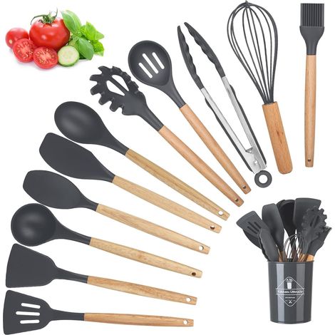Ustensiles de Cuisine Silicone Bois Set, 12 PCS Accessoire Cuisine Set sans BPA, Antiadhésive Anti-Rayures et Résistante à Chaleur, Outil de Cuisine Antiadhésif pour Louche/Spatule/Cuillère à Pâtes (1/5)