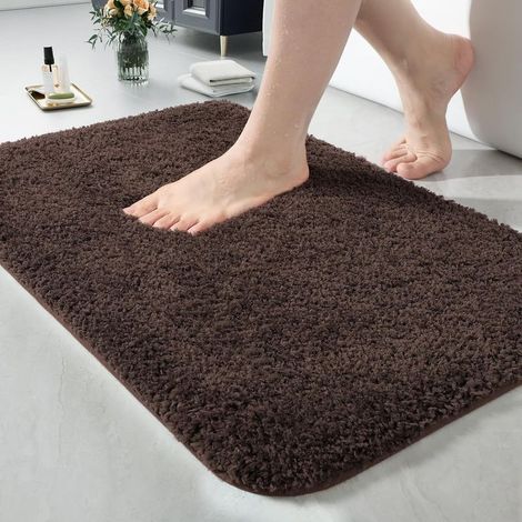 Tapis de bain 24 × 17 pouces, tapis en microfibre épaisse, douce et très absorbante, lavable en machine, tapis antidérapant à poils longs, idéal pour baignoire et sol de douche, séchage rapide (marron