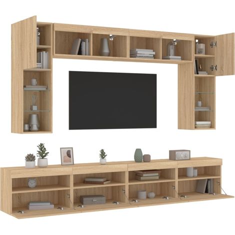 Ensemble de meubles TV muraux 8pcs et lumières LED chêne sonoma (1/5)