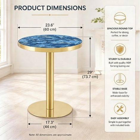 Runder Beistelltisch 60x60x73.7 cm Blau aus MDF und Metall mit Marmor-Optik und goldfarbenem Rand (1/5)