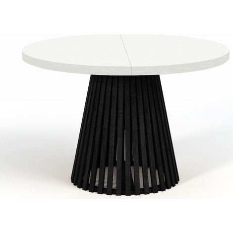 Table à manger ronde extensible DOVER avec lamelles- style industriel/loft avec pieds Ă lattes, diamètre : 110/160 cm, couleur: blanc / noir (1/4)