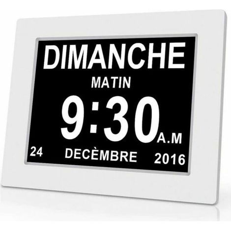 Reloj digital de 7 pulgadas con fecha y hora – Pantalla clara para pacientes con Alzheimer – Plástico blanco – 204 x 143 x 24 mm – Recordatorio de medicación (1/4)