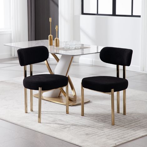 Wahson Esszimmerstühle 2er Set aus Teddy Stoff, Dining Chairs mit Metallbeinen Polsterstühle Wohnzimmerstuhl für Küche Wohnzimmer, Schwarz