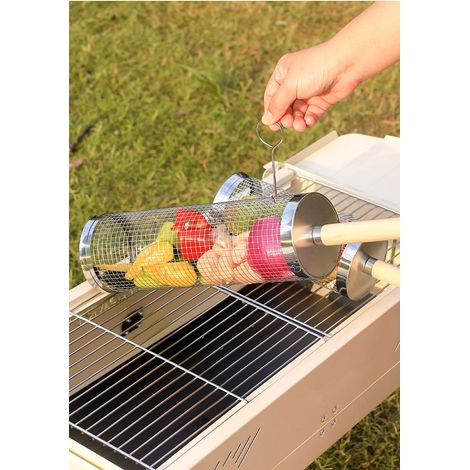 Lot de 2 paniers à griller rotatifs en acier inoxydable pour barbecue, avec filet de cuisson pour poissons et légumes.