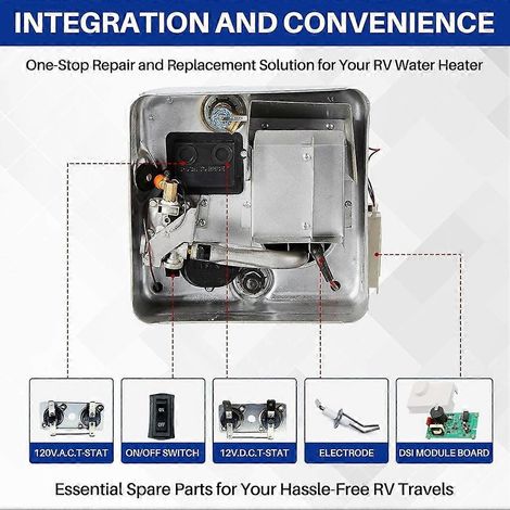 Un kit de pièces de rechange pour chauffe-eau dans les camping-cars Suburban, comprenant la carte de circuit imprimé de commande 520814, les thermostats 232306 et 232282 et un interrupteur ECO. (1/4)
