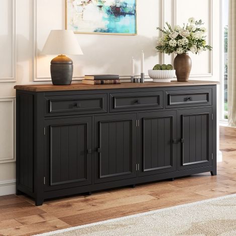 Buffet 160 x 35 x 76 cm, avec trois tiroirs et quatre portes - Noir (1/5)
