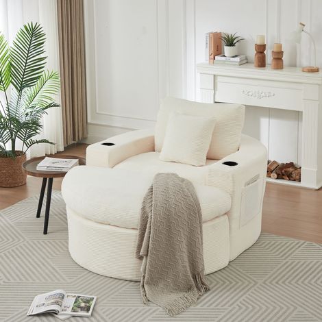 Chaise longue ronde extra-large, fauteuil sans cadre (avec repose-pieds), avec rangement et porte-gobelet, design de revêtement double couche (1/5)