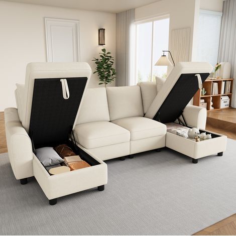 Canapé U modulable en chenille beige, 280 x 137 x 84 cm avec 2 méridiennes et rangement DESVIAE (1/5)